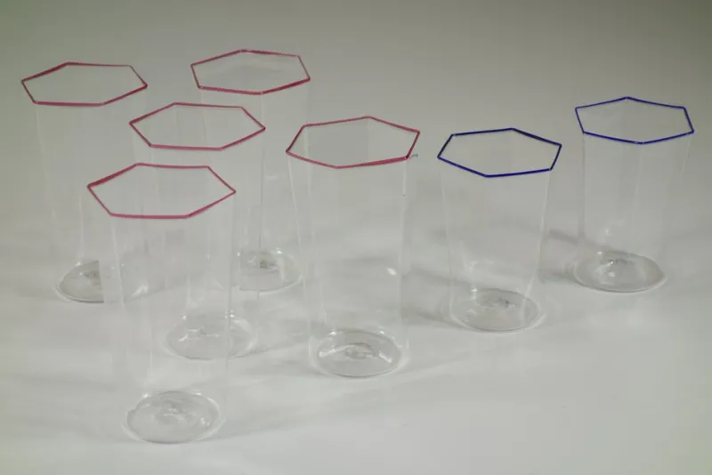 Hot Pamono Hexagonal Glasses in Blown Murano Glass Cobalt and Red Rim by Carlo Scarpa, 1950s, Set of 7