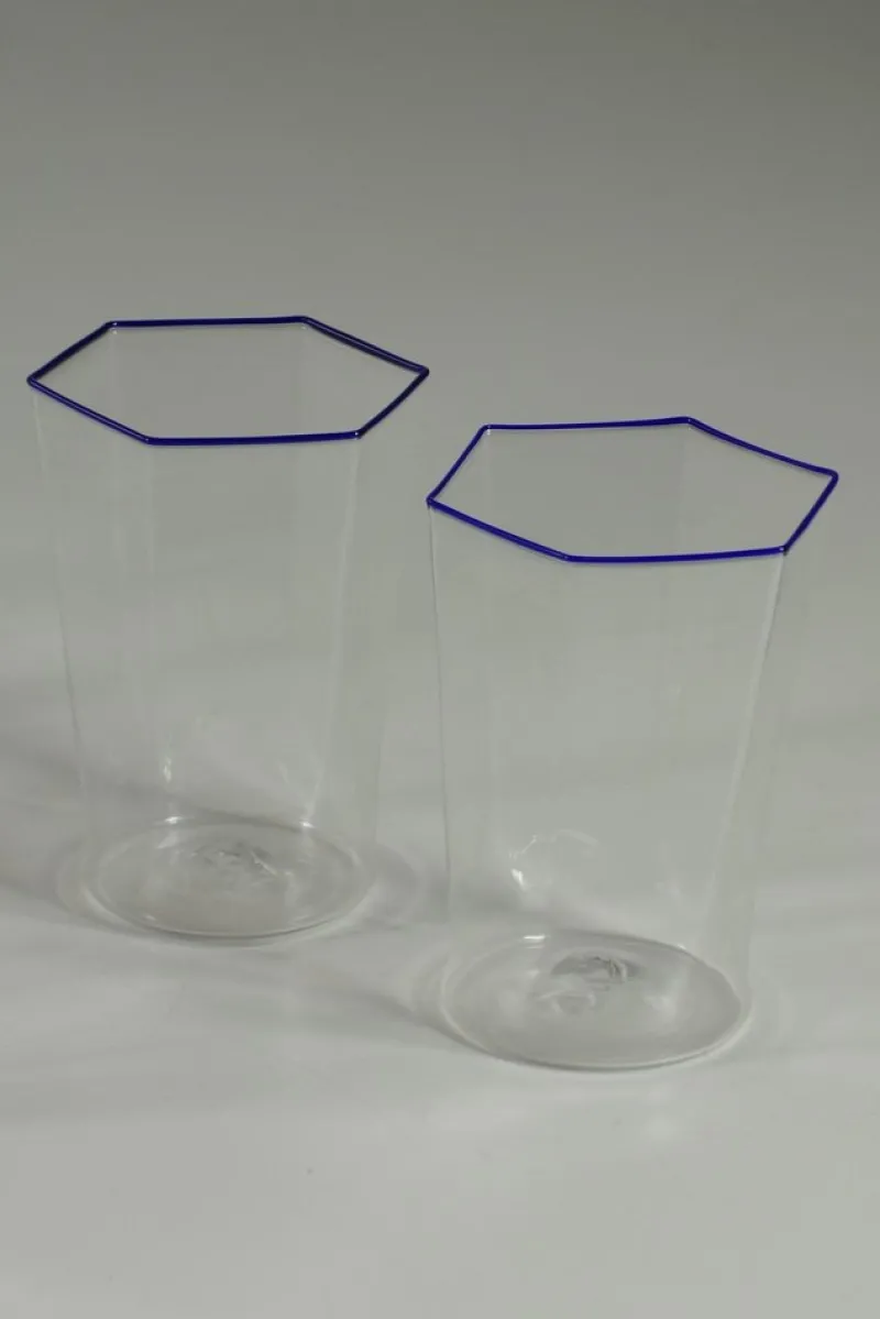 Hot Pamono Hexagonal Glasses in Blown Murano Glass Cobalt and Red Rim by Carlo Scarpa, 1950s, Set of 7