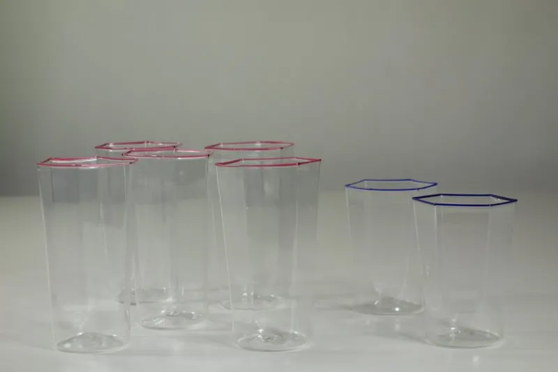 Hot Pamono Hexagonal Glasses in Blown Murano Glass Cobalt and Red Rim by Carlo Scarpa, 1950s, Set of 7