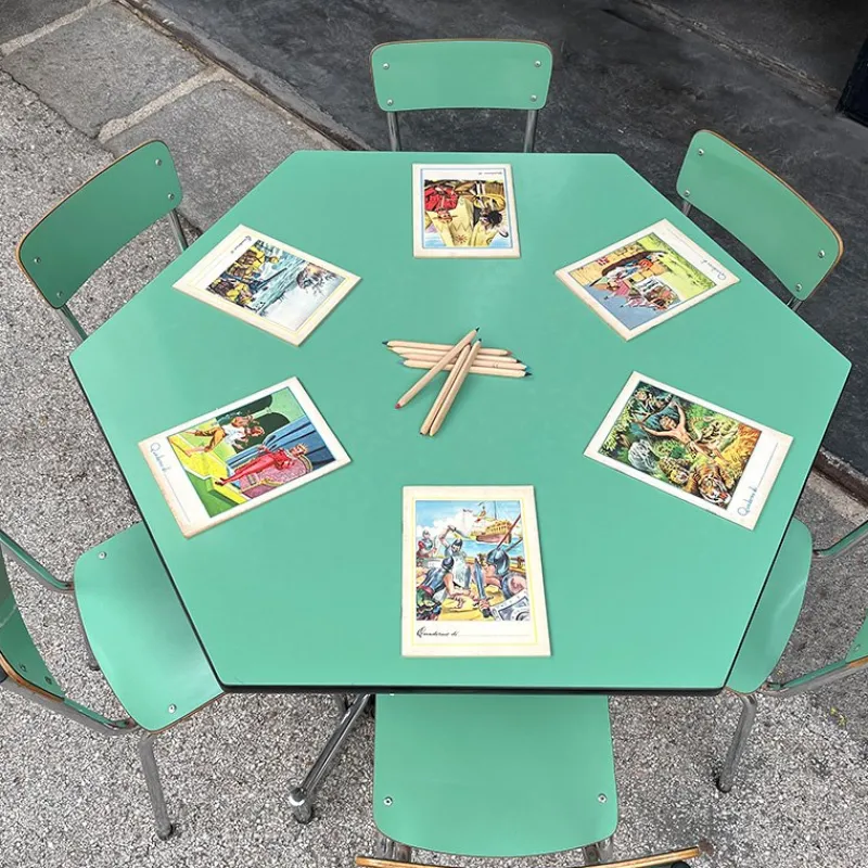 Pamono Hexagonal Nursery Table with Formica Chairs, Italy, 1960s, Set of 7> Children's Tables