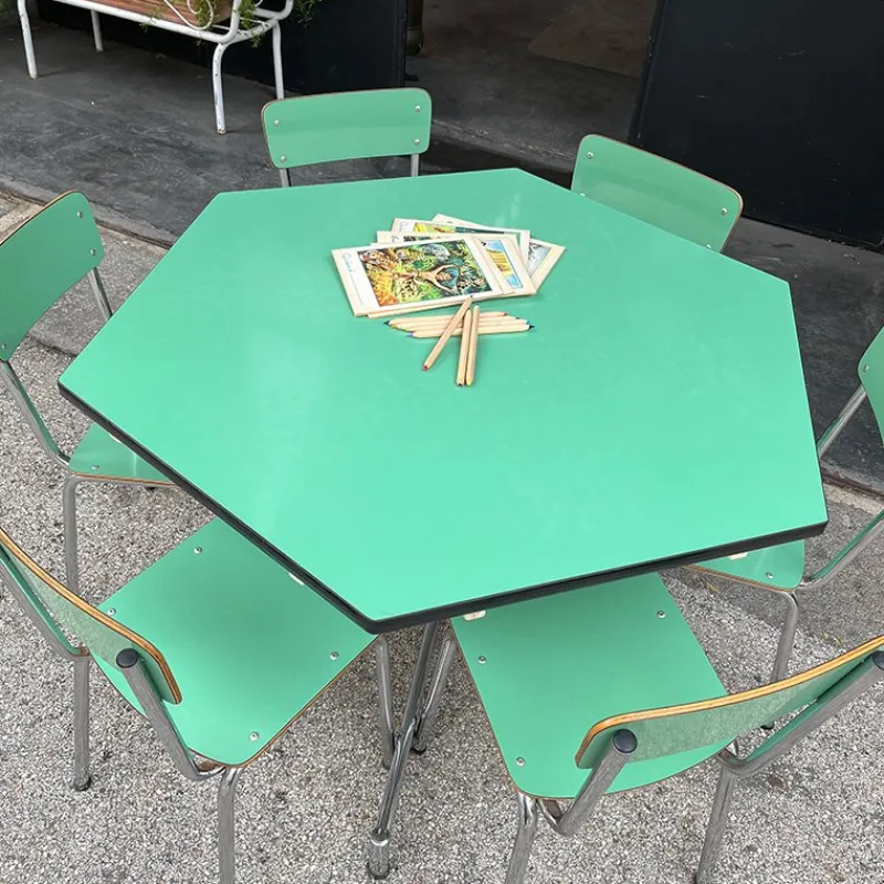 Pamono Hexagonal Nursery Table with Formica Chairs, Italy, 1960s, Set of 7> Children's Tables