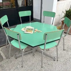 Pamono Hexagonal Nursery Table with Formica Chairs, Italy, 1960s, Set of 7><noscript><img width=