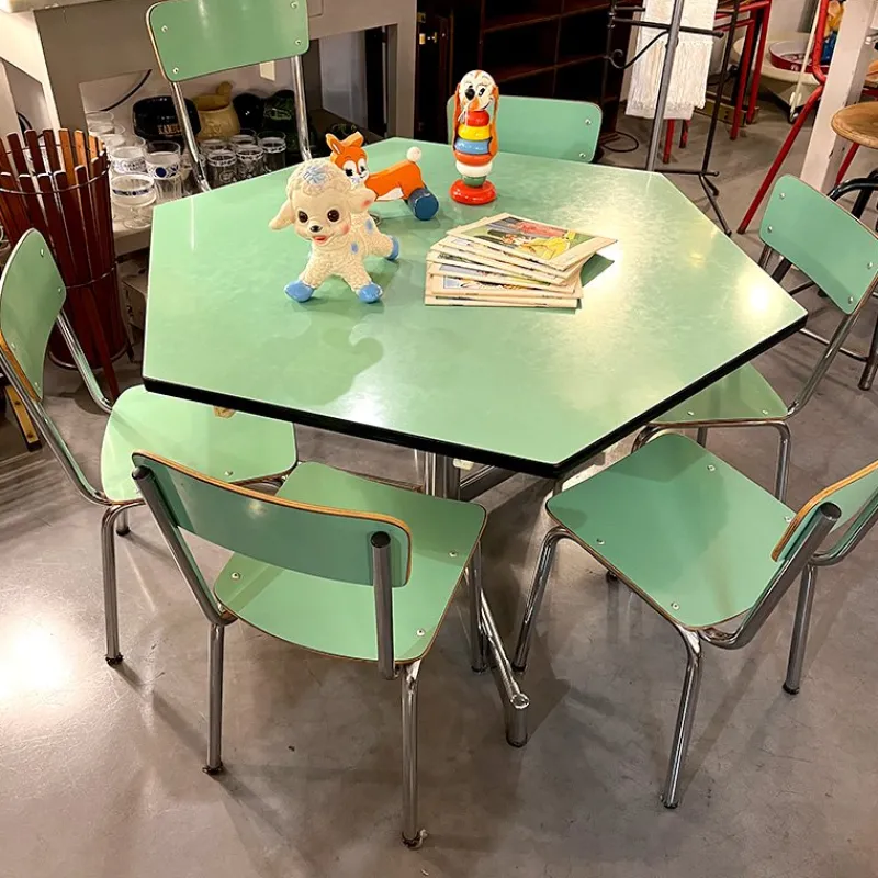 Pamono Hexagonal Nursery Table with Formica Chairs, Italy, 1960s, Set of 7> Children's Tables