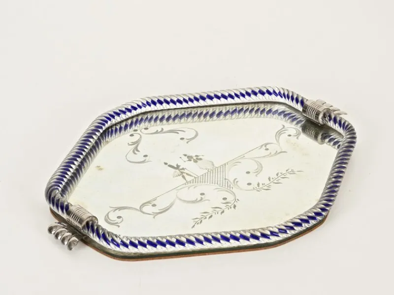 Online Pamono Hexagonal Serving Tray in Blue Mirror-Engraved Murano Glass from Barovier, Italy, 1940s