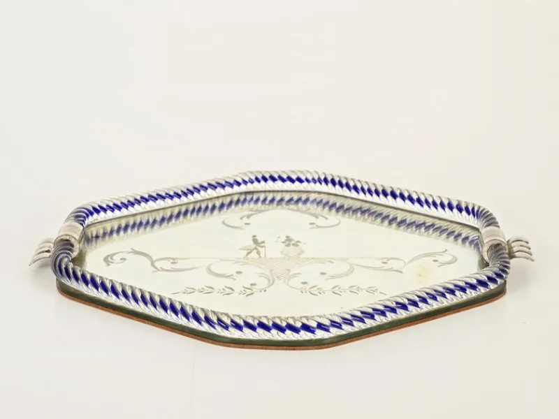 Online Pamono Hexagonal Serving Tray in Blue Mirror-Engraved Murano Glass from Barovier, Italy, 1940s