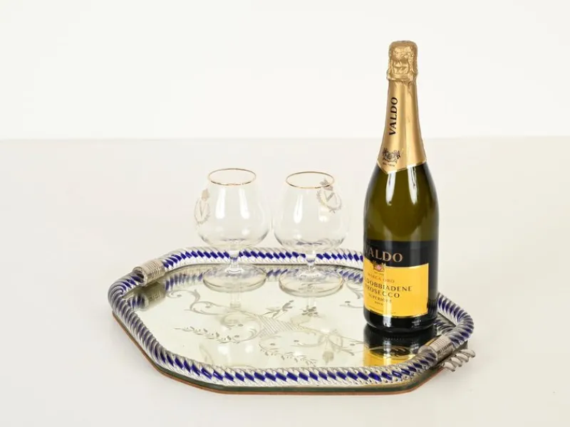Online Pamono Hexagonal Serving Tray in Blue Mirror-Engraved Murano Glass from Barovier, Italy, 1940s