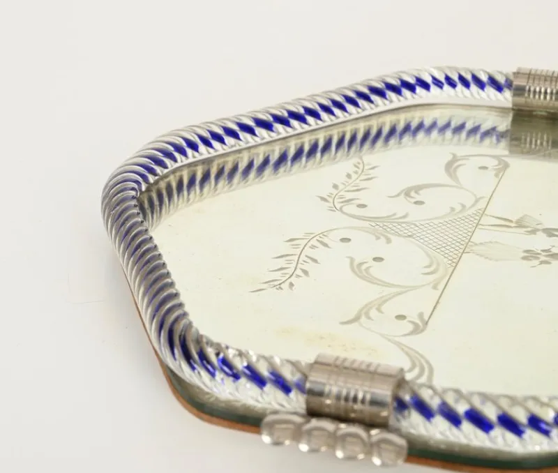 Online Pamono Hexagonal Serving Tray in Blue Mirror-Engraved Murano Glass from Barovier, Italy, 1940s