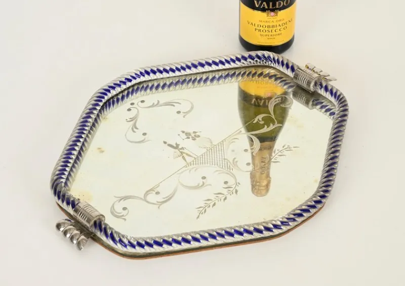 Online Pamono Hexagonal Serving Tray in Blue Mirror-Engraved Murano Glass from Barovier, Italy, 1940s