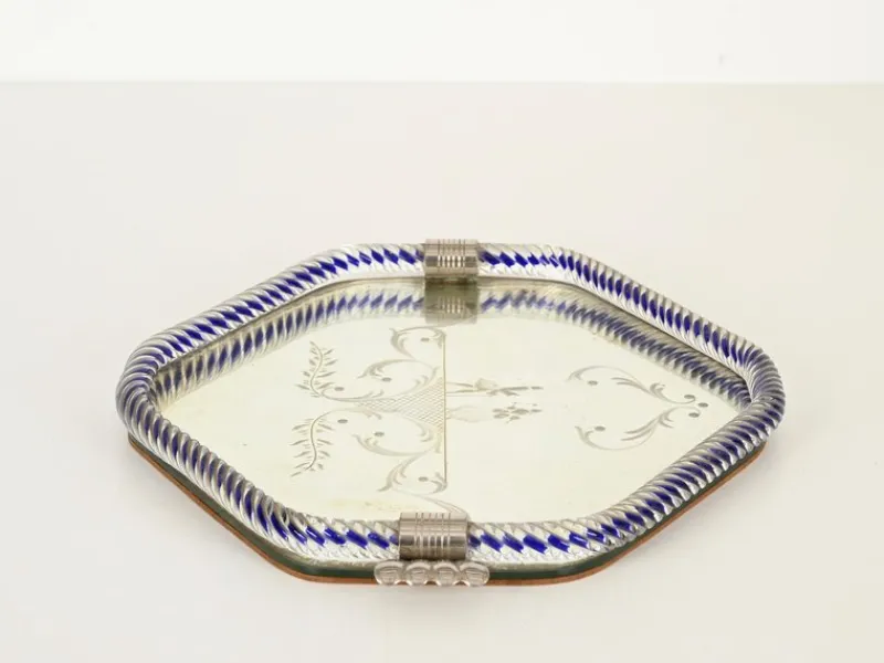 Online Pamono Hexagonal Serving Tray in Blue Mirror-Engraved Murano Glass from Barovier, Italy, 1940s