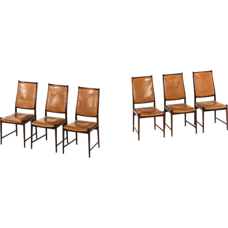 Pamono High Back Dining Chairs in Rosewood and Leather attributed to Torbjørn Afdal, 1950s, Set of 6> Side Chairs & Dining Chairs