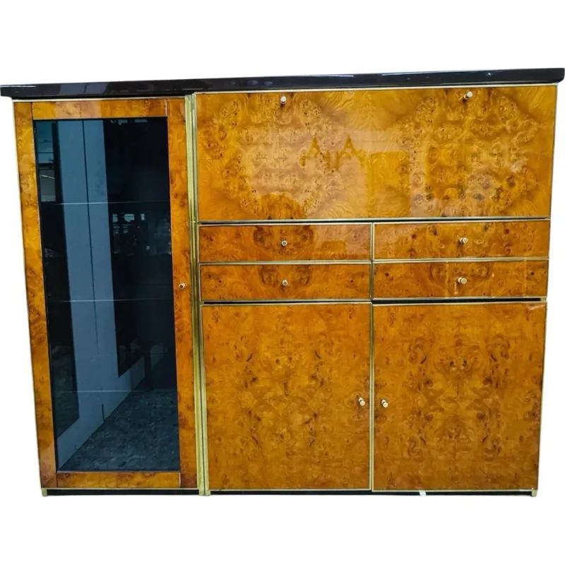 Pamono High Sideboard in Radica and Gilded Metal, 1970s> Sideboards & Buffets