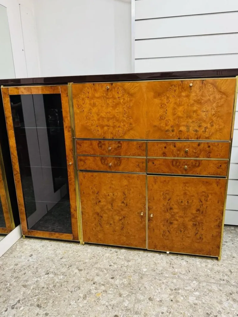 Pamono High Sideboard in Radica and Gilded Metal, 1970s> Sideboards & Buffets