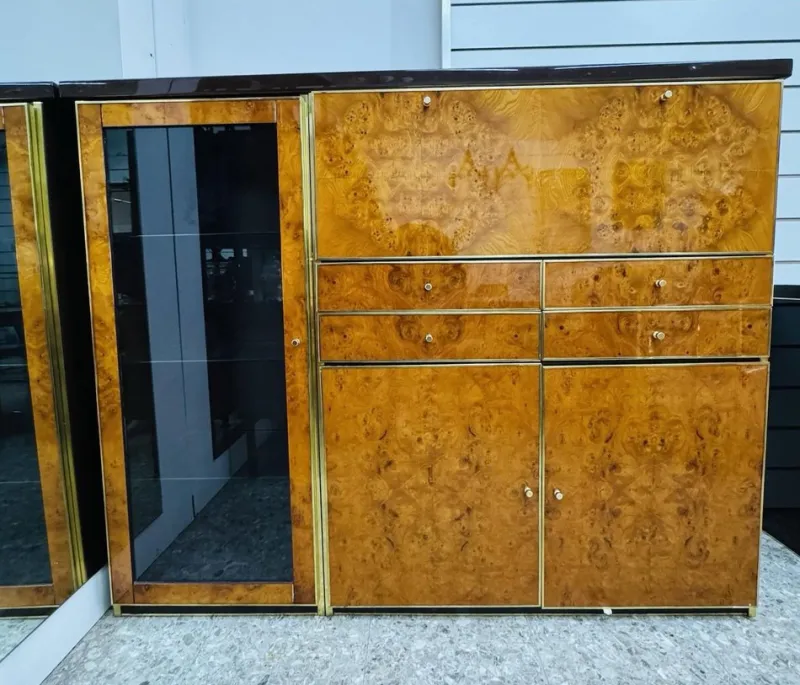 Pamono High Sideboard in Radica and Gilded Metal, 1970s> Sideboards & Buffets