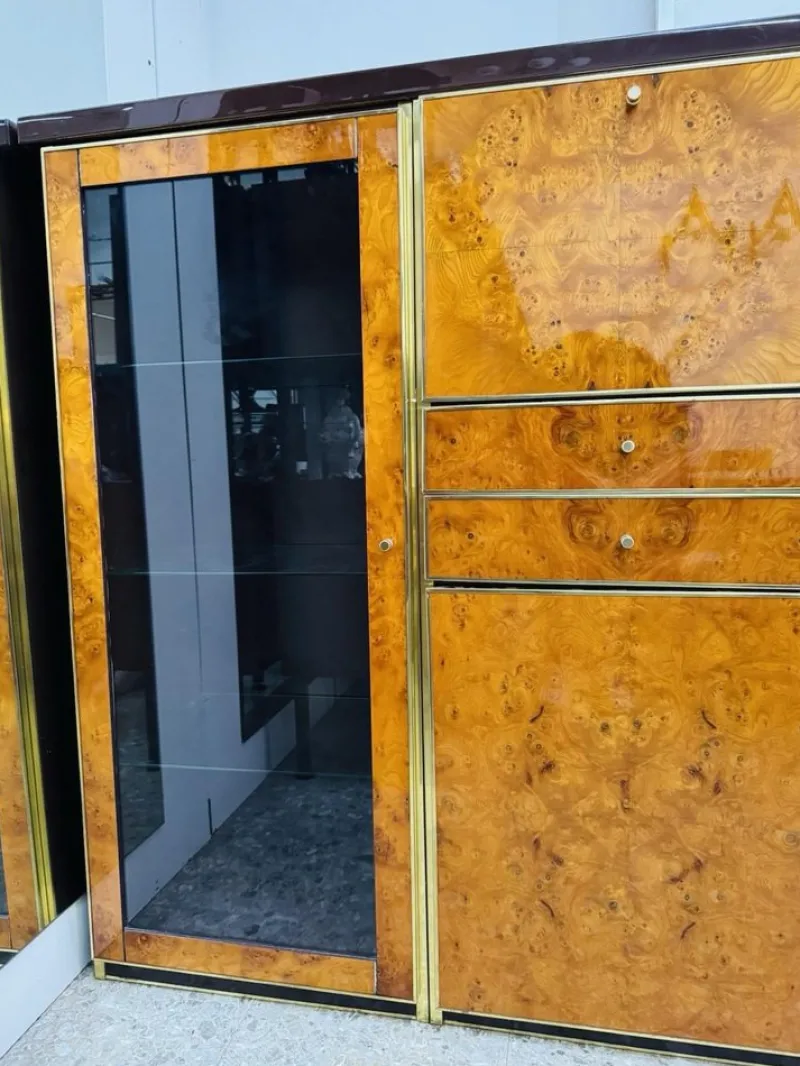 Pamono High Sideboard in Radica and Gilded Metal, 1970s> Sideboards & Buffets