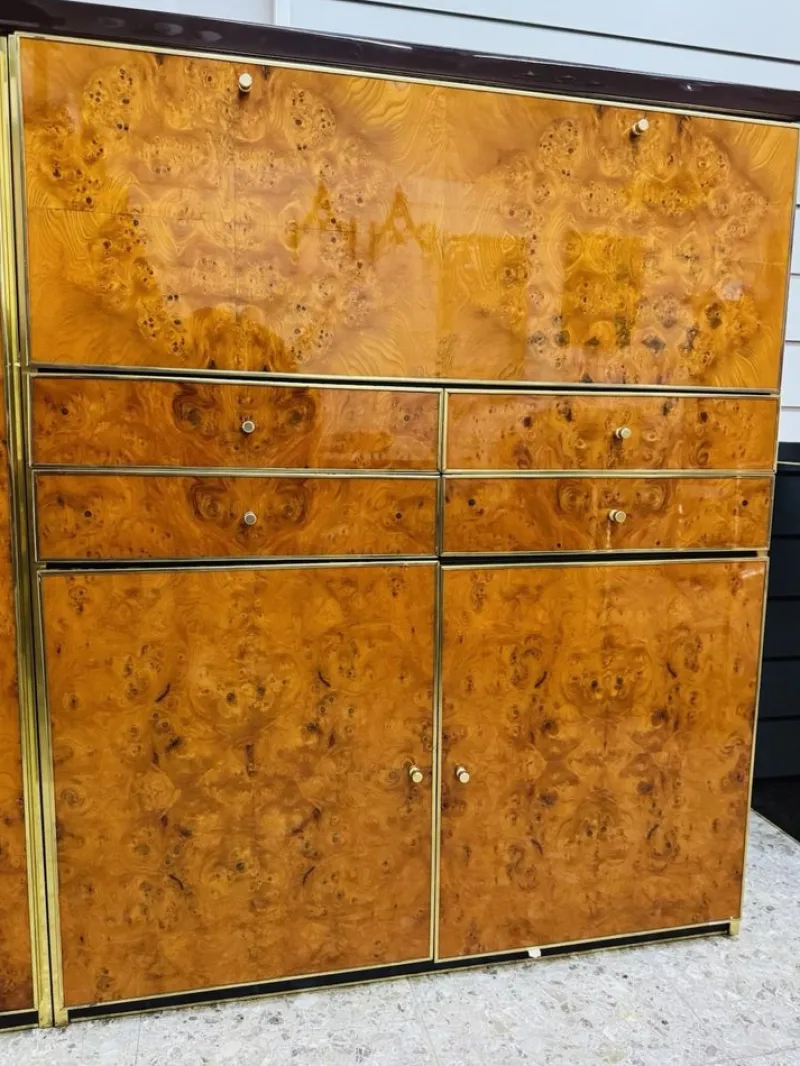 Pamono High Sideboard in Radica and Gilded Metal, 1970s> Sideboards & Buffets