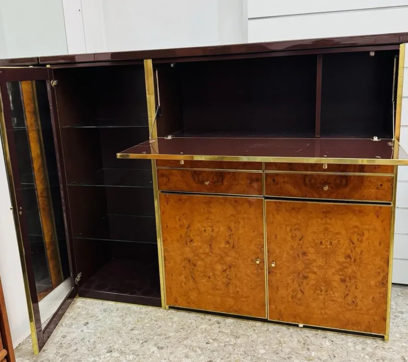 Pamono High Sideboard in Radica and Gilded Metal, 1970s> Sideboards & Buffets