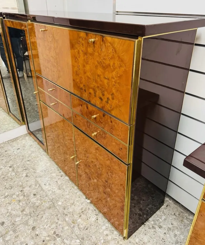 Pamono High Sideboard in Radica and Gilded Metal, 1970s> Sideboards & Buffets