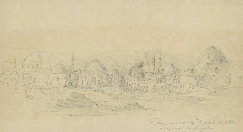 Pamono Historic View of Damascus and Burial Site of a Prophet's Wife, 1869, Paper> Work On Paper