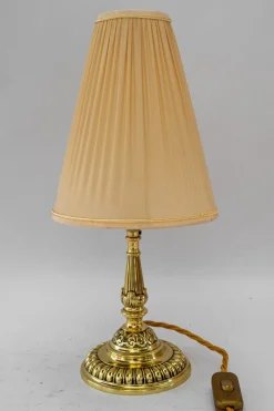 Pamono Historistic Brass Table Lamp with Fabric Shade, Vienna, 1890s> Table Lamps