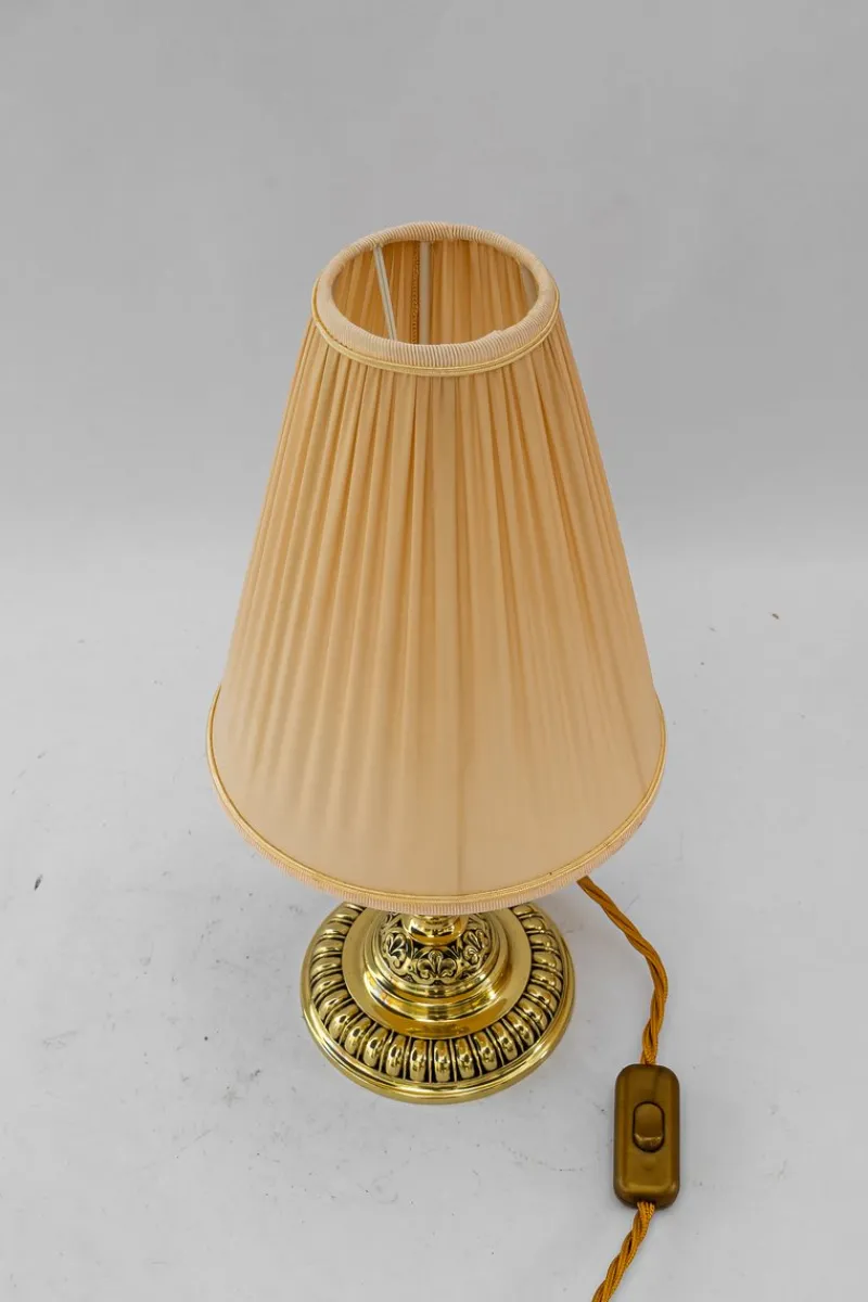 Pamono Historistic Brass Table Lamp with Fabric Shade, Vienna, 1890s> Table Lamps