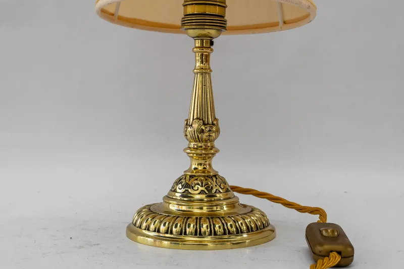 Pamono Historistic Brass Table Lamp with Fabric Shade, Vienna, 1890s> Table Lamps