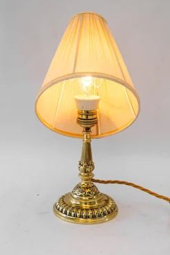Pamono Historistic Brass Table Lamp with Fabric Shade, Vienna, 1890s><noscript><img width=
