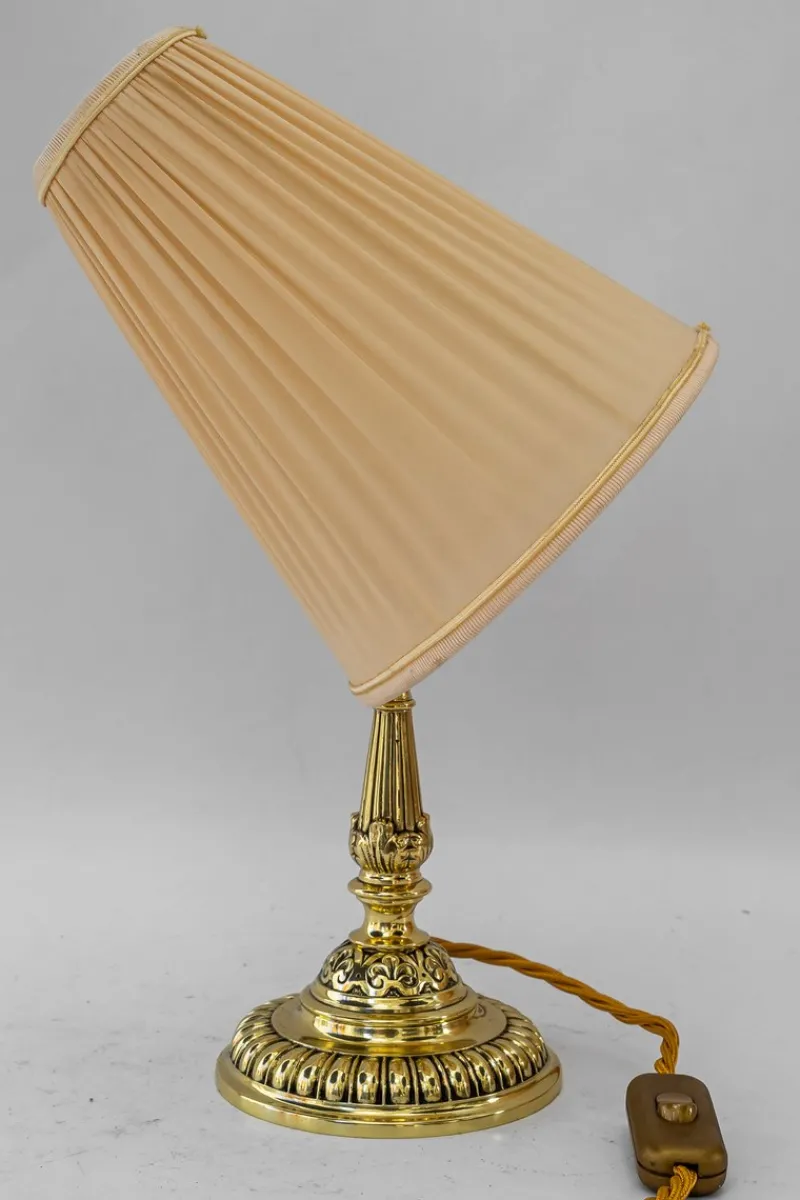 Pamono Historistic Brass Table Lamp with Fabric Shade, Vienna, 1890s> Table Lamps