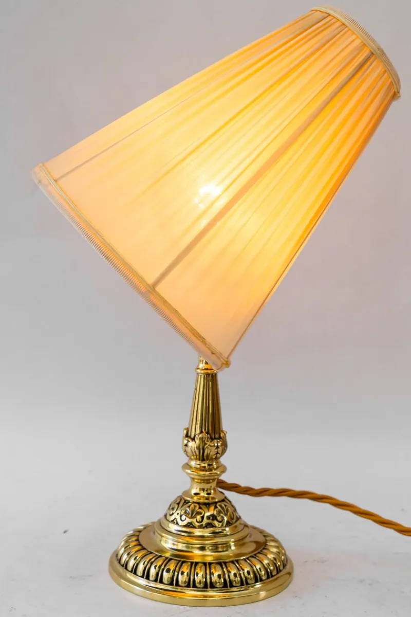 Pamono Historistic Brass Table Lamp with Fabric Shade, Vienna, 1890s> Table Lamps