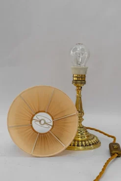 Pamono Historistic Brass Table Lamp with Fabric Shade, Vienna, 1890s><noscript><img width=