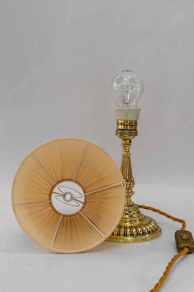 Pamono Historistic Brass Table Lamp with Fabric Shade, Vienna, 1890s> Table Lamps