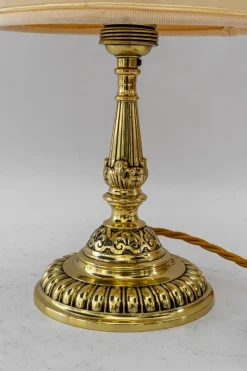 Pamono Historistic Brass Table Lamp with Fabric Shade, Vienna, 1890s><noscript><img width=