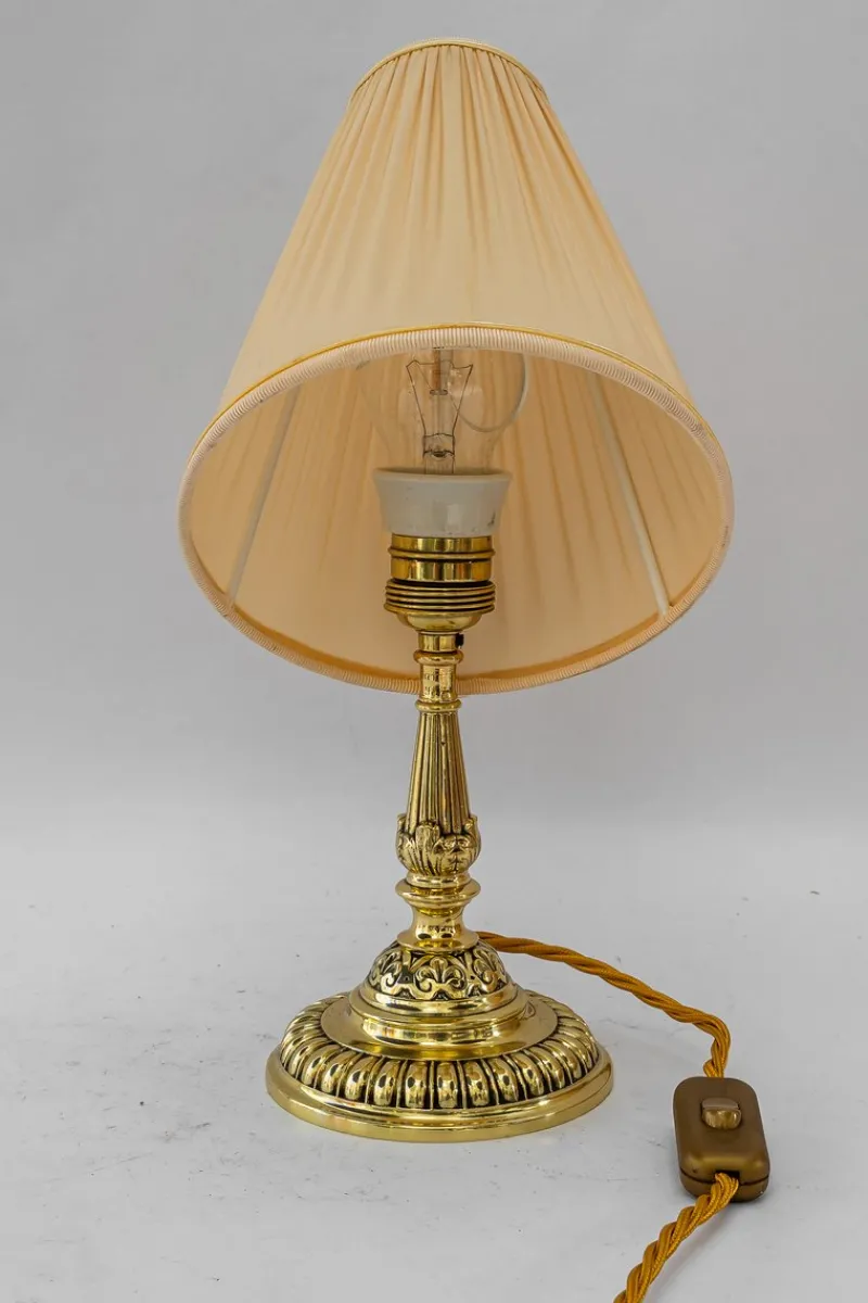 Pamono Historistic Brass Table Lamp with Fabric Shade, Vienna, 1890s> Table Lamps