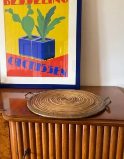 Best Pamono Hollywood Regency Brass and Wicker Tray, Italy, 1970s