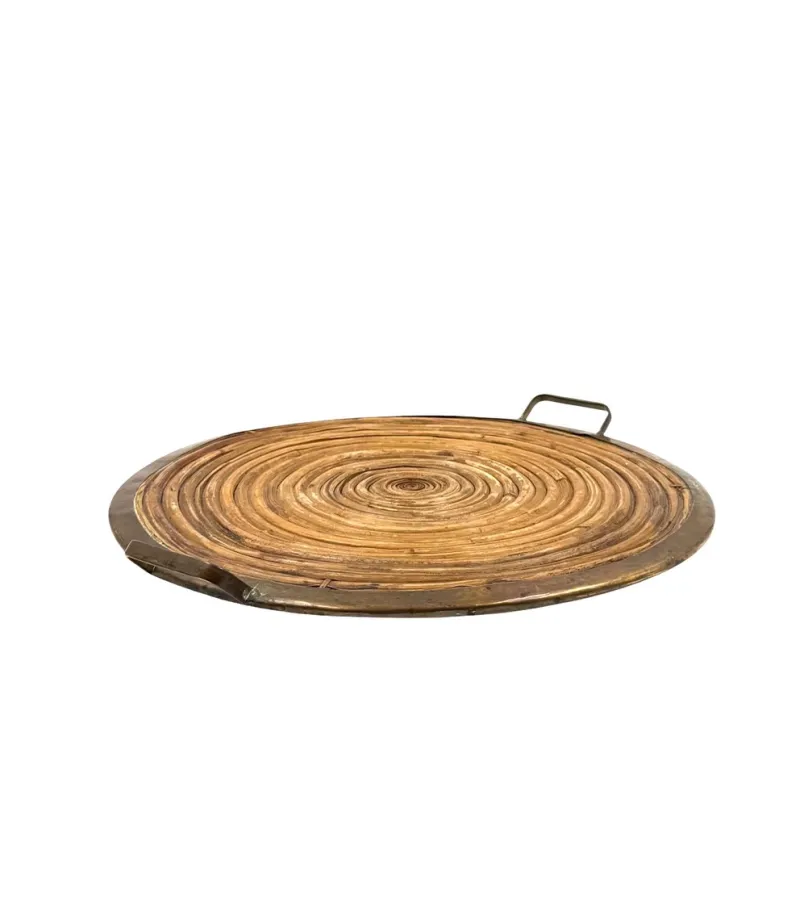 Best Pamono Hollywood Regency Brass and Wicker Tray, Italy, 1970s