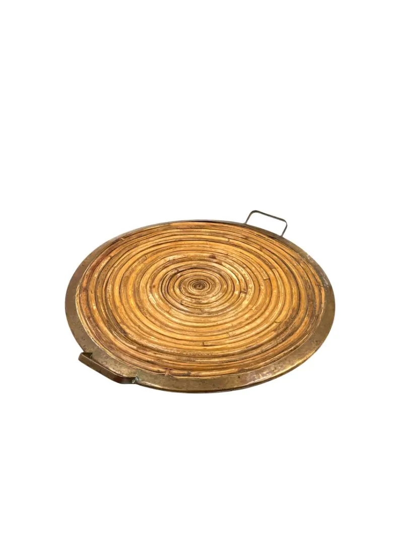 Best Pamono Hollywood Regency Brass and Wicker Tray, Italy, 1970s