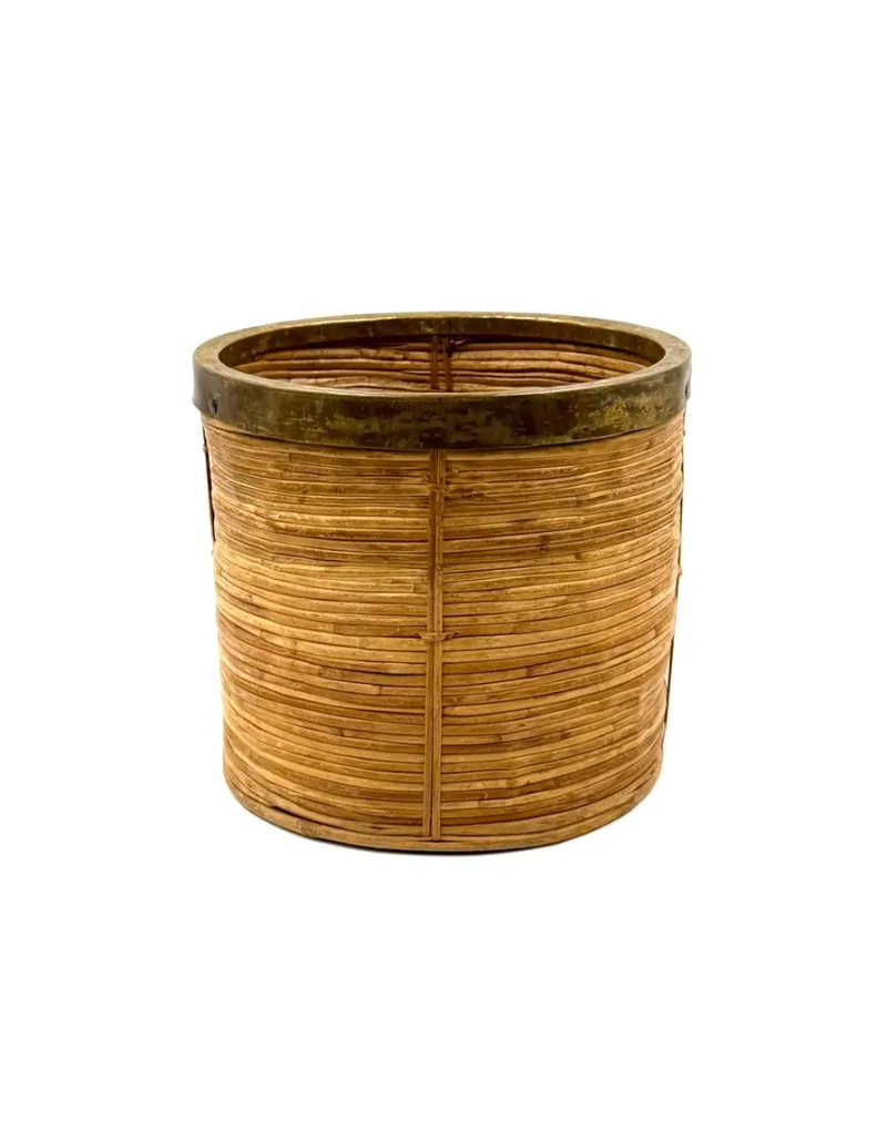 Outlet Pamono Hollywood Regency Brass and Wicker Paper Basket, Italy, 1970s
