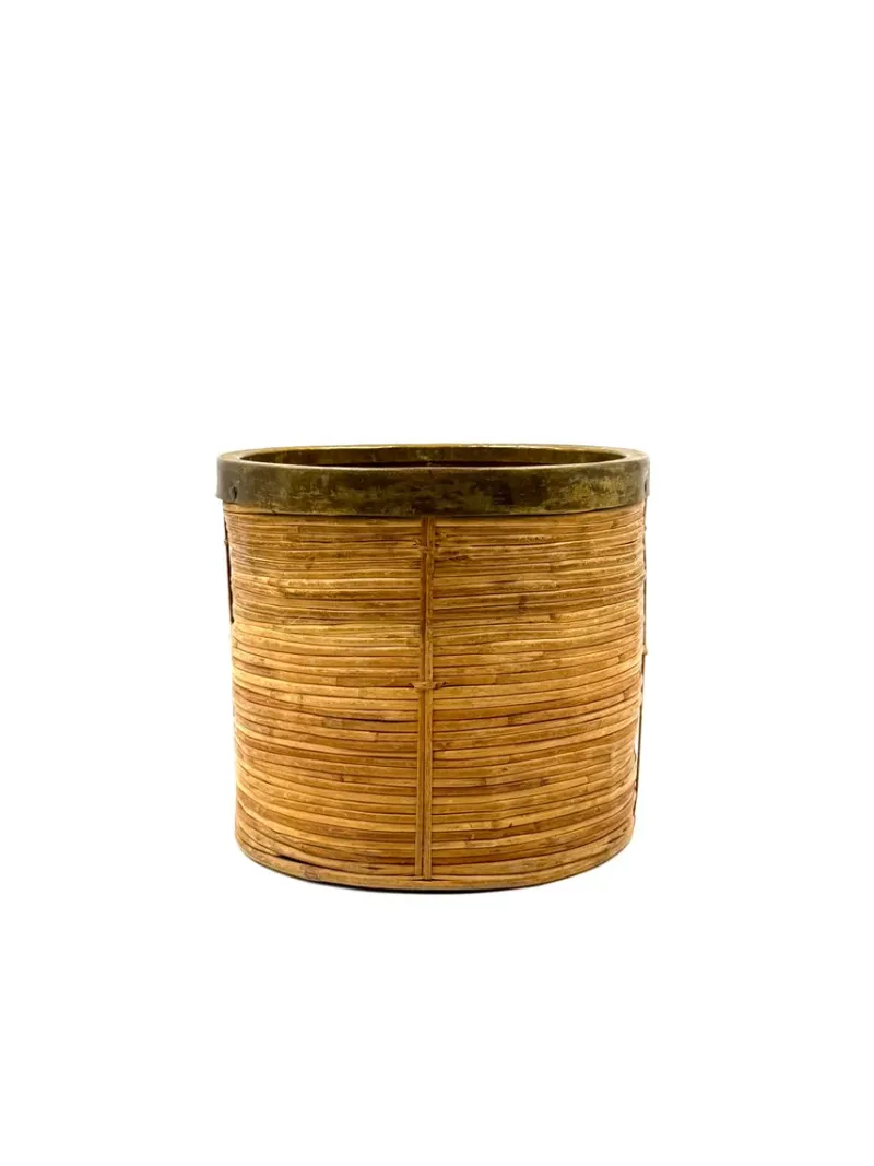 Outlet Pamono Hollywood Regency Brass and Wicker Paper Basket, Italy, 1970s