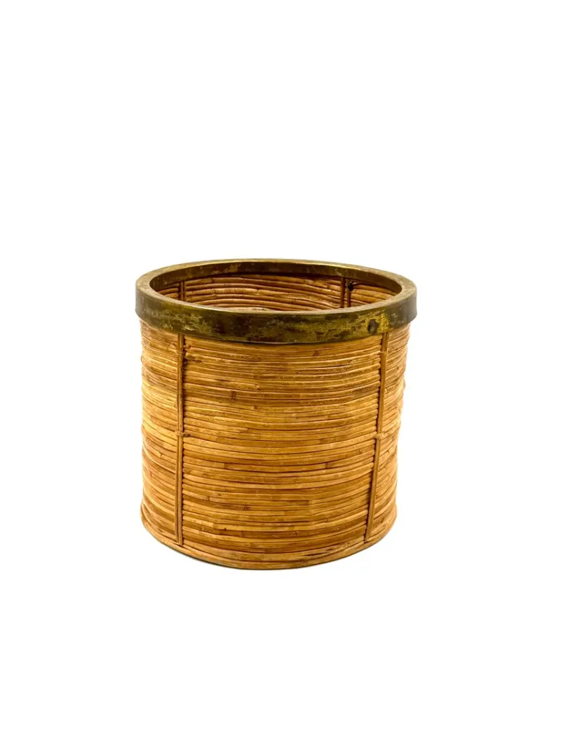 Outlet Pamono Hollywood Regency Brass and Wicker Paper Basket, Italy, 1970s