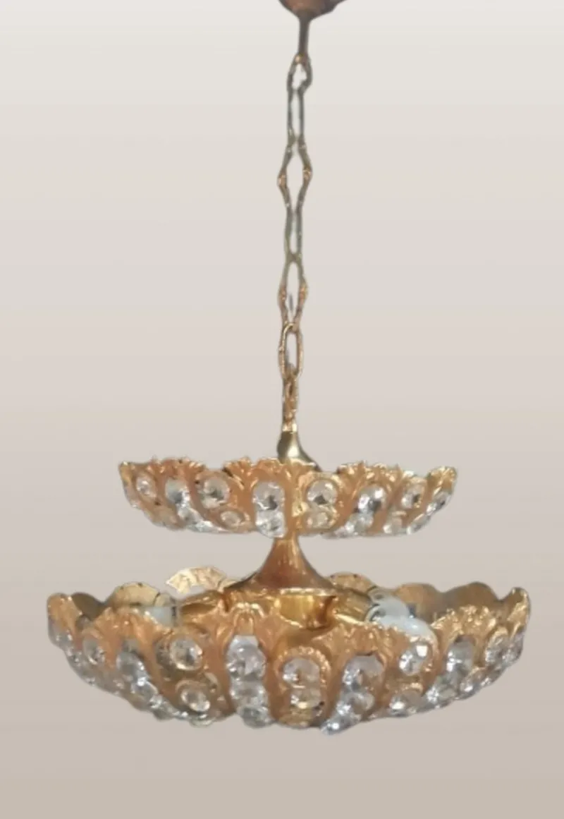 Pamono Hollywood Regency Brass and Crystal Chandelier by Peris Andreu, 1970s