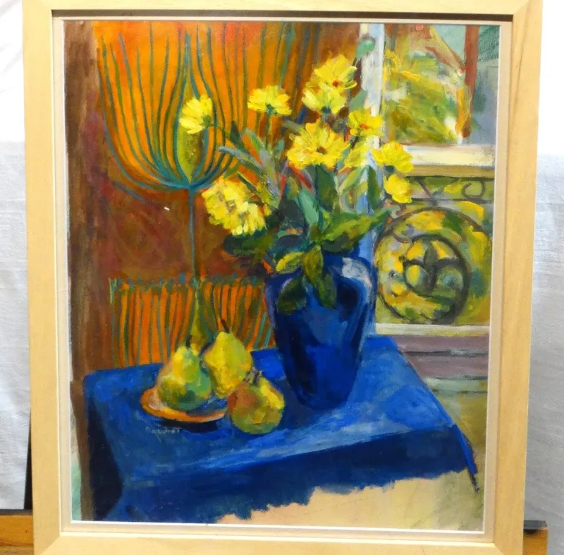 Online Pamono Huguette Baudrot, Blue Vase, 1950s, Oil on Paper