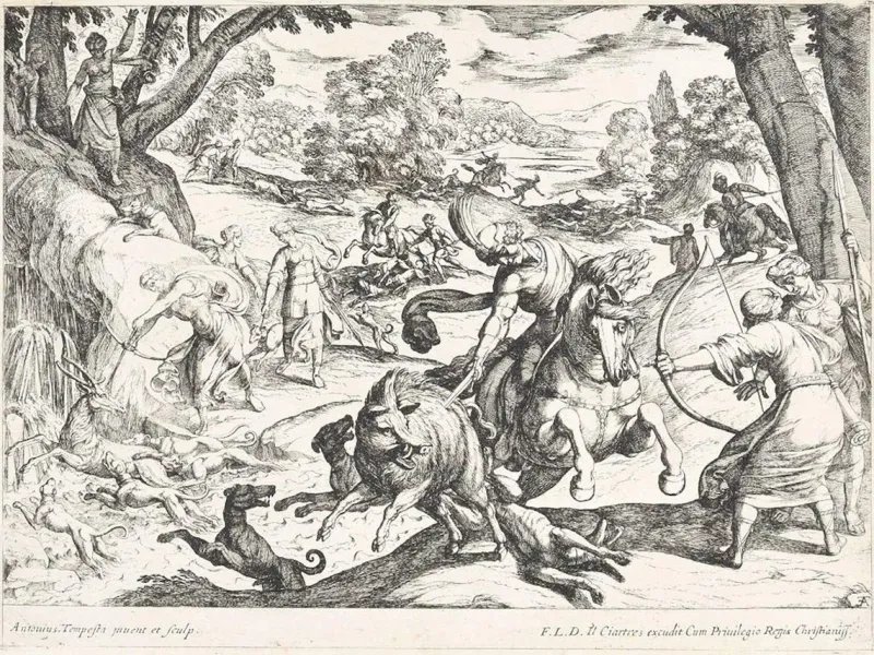 Pamono Hunting Scene - Original Etching by Antonio Tempesta - Early 17th Century Early 17th Century> Old Masters