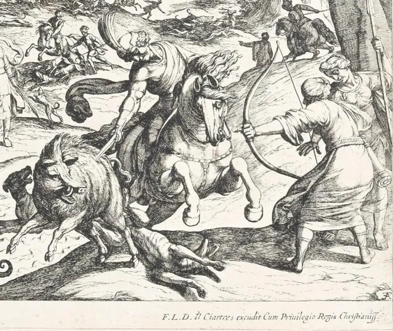 Pamono Hunting Scene - Original Etching by Antonio Tempesta - Early 17th Century Early 17th Century> Old Masters