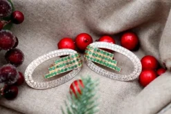 Pamono Illiptic-Shaped Gold Earrings with Brilliant-Cut Diamonds and Calibrated Emeralds, Set of 2> Earrings
