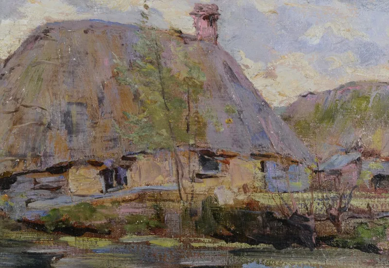 Outlet Pamono Impressionist Artist, Thatched Cottage by Stream, 1890s-1910s, Oil on Canvas