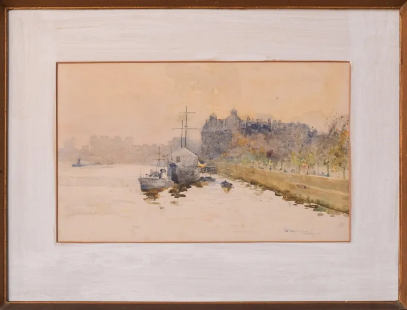 Discount Pamono Impressionist Temple Pier London, 1910s, Watercolour on Canvas, Framed