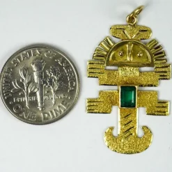 Pamono Inca God Icon 18k Yellow Gold Emerald Charm Pendant, 1960s><noscript><img width=