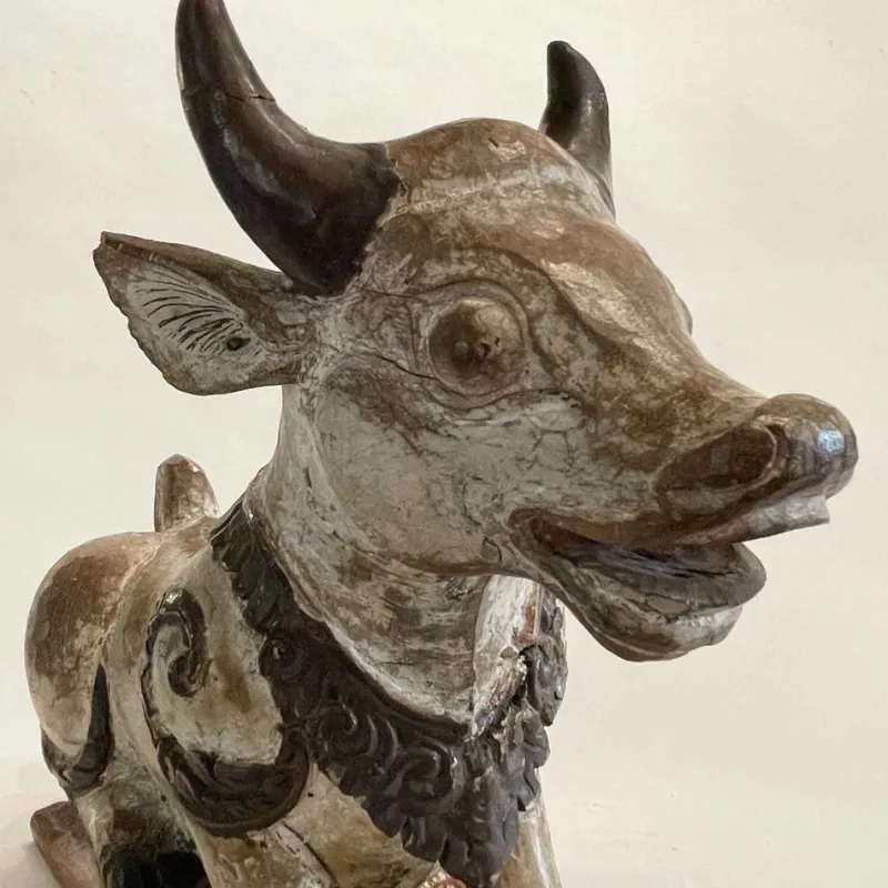Pamono Indian Artist, Nandi Cow Sculpture, 1800s, Carved and Lacquered Wood