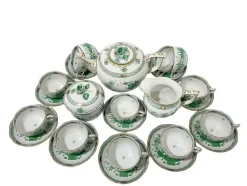 Pamono Indian Basket Green Pattern Porcelain Tea Service for 12 from Herend, Hungary, 1930s, Set of 27> Coffee & Tea Service