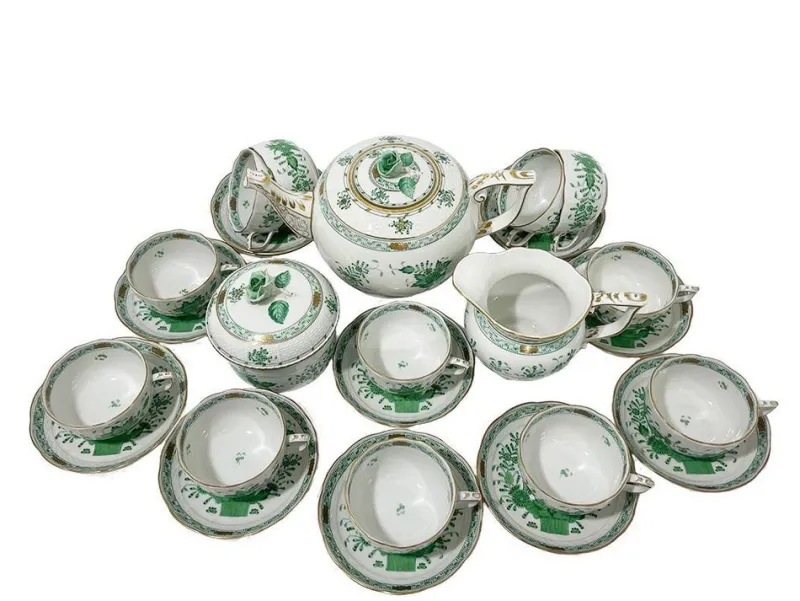 Pamono Indian Basket Green Pattern Porcelain Tea Service for 12 from Herend, Hungary, 1930s, Set of 27> Coffee & Tea Service