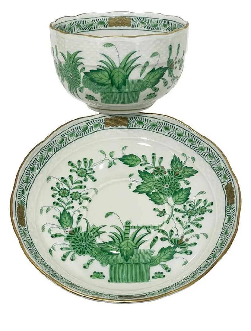 Pamono Indian Basket Green Pattern Porcelain Tea Service for 12 from Herend, Hungary, 1930s, Set of 27> Coffee & Tea Service